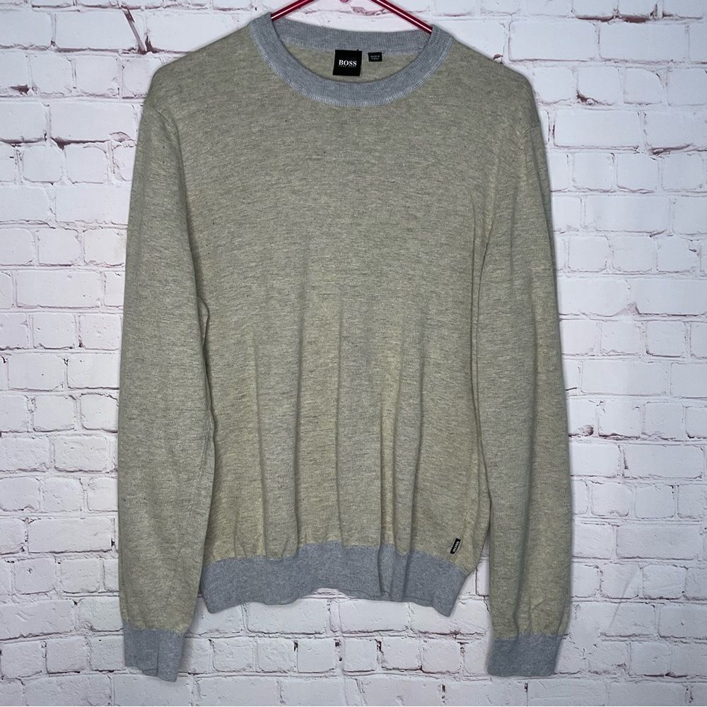 Hugo Boss Men’s Sweater Gray/Yellow Cotton Linen Pullover logo Crew Neck Size L‎